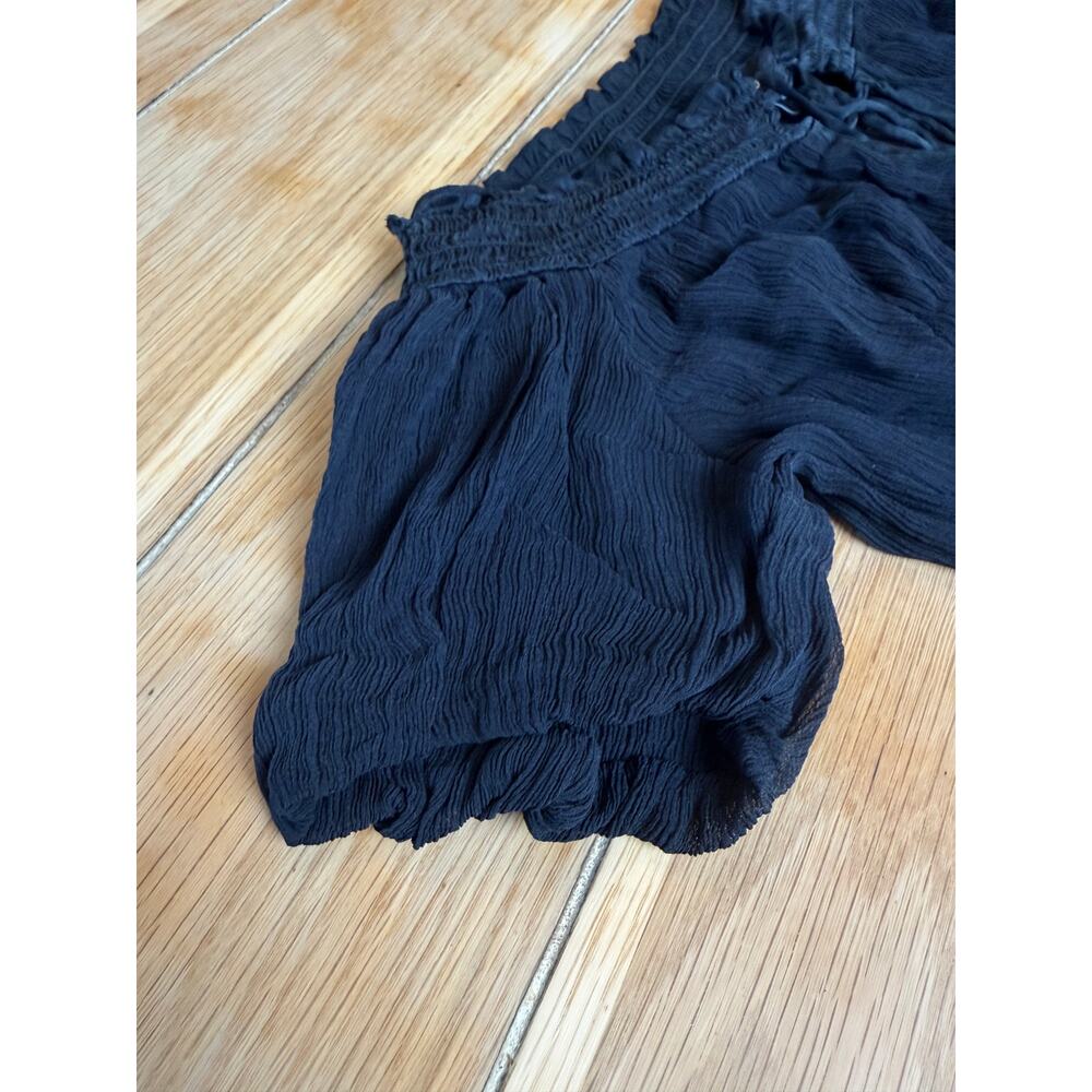 Bebe Y2K 100% Silk Black Smocked Top Blouse Short Sleeve Ruffle Size S - Picture 5 of 9